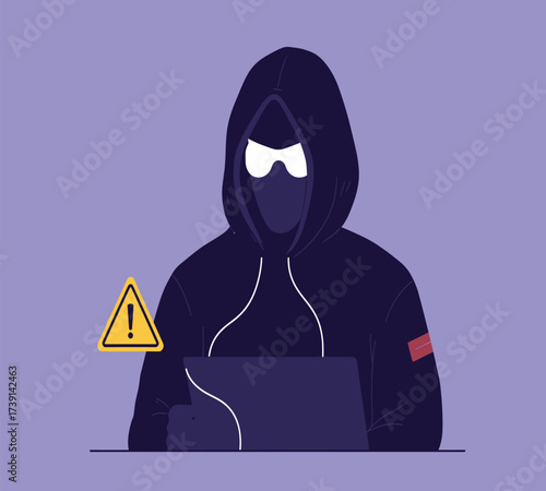 Hooded Hacker with Laptop and Binary Code — Cybersecurity Vector Illustration