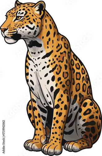 Jaguar illustration, sitting wild cat, tropical animal artwork, calm jaguar pose, jungle predator, feline anatomy, wildlife concept, nature themed design