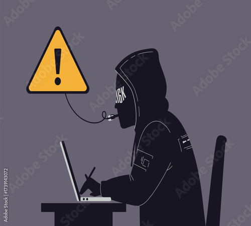 Hooded Hacker with Laptop and Binary Code — Cybersecurity Vector Illustration