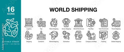 World Shipping icon set. Includes shipping, global, world, transportation, business and More. Editable Stroke Icon Collection.
