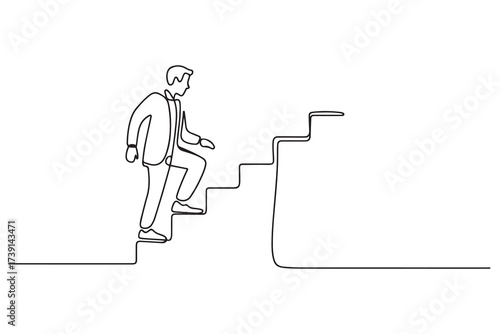 Continuous one line drawing of a man climbs the stairs ambitions vector illustration. one line Icon drawing with white background