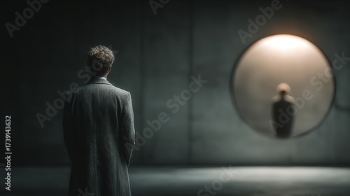 Surreal scene of a man facing a glowing circular portal