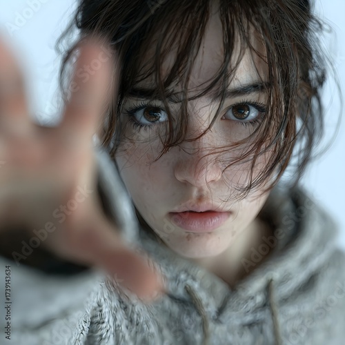 Young woman reaching forward with intense emotional gaze