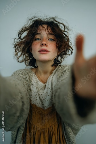 Young woman reaching forward with intense emotional gaze
