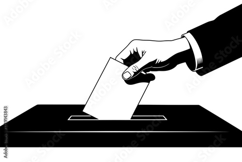 A simple black and white graphic illustration of a hand casting a ballot into a box for an election