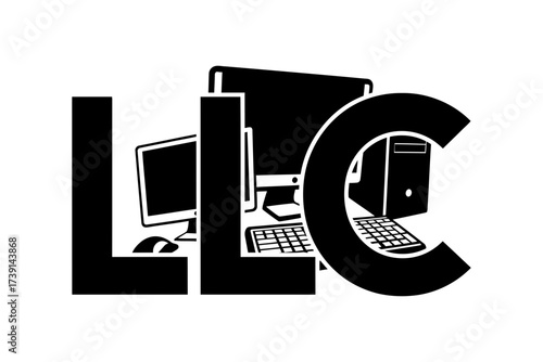Black and white computer repair and IT support logo design incorporating LLC letters and equipment