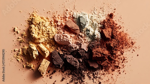 An artistic approach to makeup, featuring scattered powders in a range of warm, earthy tones from beige to dark brown pastel-colored background made with Ai 2