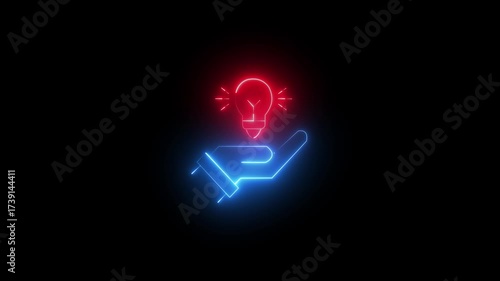 Glowing neon line light bulb and hand icon isolated on transparent background. Idea, creativity, hand bulb icon