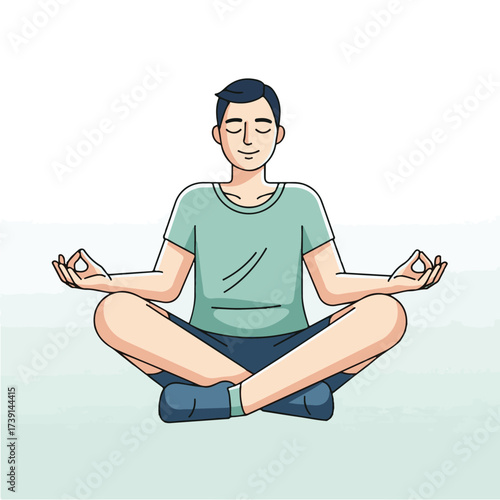 Cartoon illustration of a man meditating in a lotus position with eyes closed and hands in Gyan Mudra.