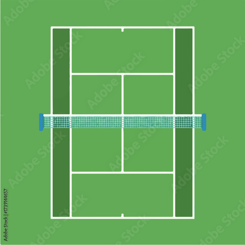 Top-down view of a green tennis court with white lines and a blue net dividing the two sides.