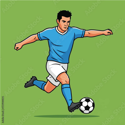 Cartoon illustration of a soccer player kicking a soccer ball, wearing a light blue jersey and white shorts against a green background.