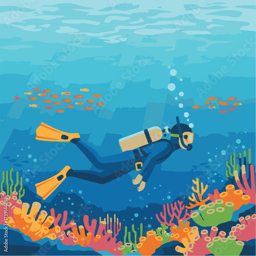 A scuba diver swims underwater above a colorful coral reef with a school of fish in the blue ocean.