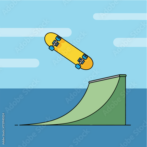 A yellow skateboard mid-air after launching from a green ramp, set against a blue sky with white clouds.