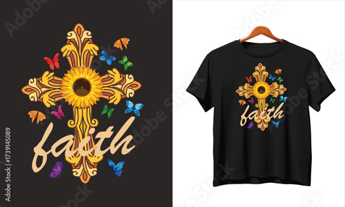 Inspirational Golden Cross Faith Text Colorful Butterflies Christian T Shirt