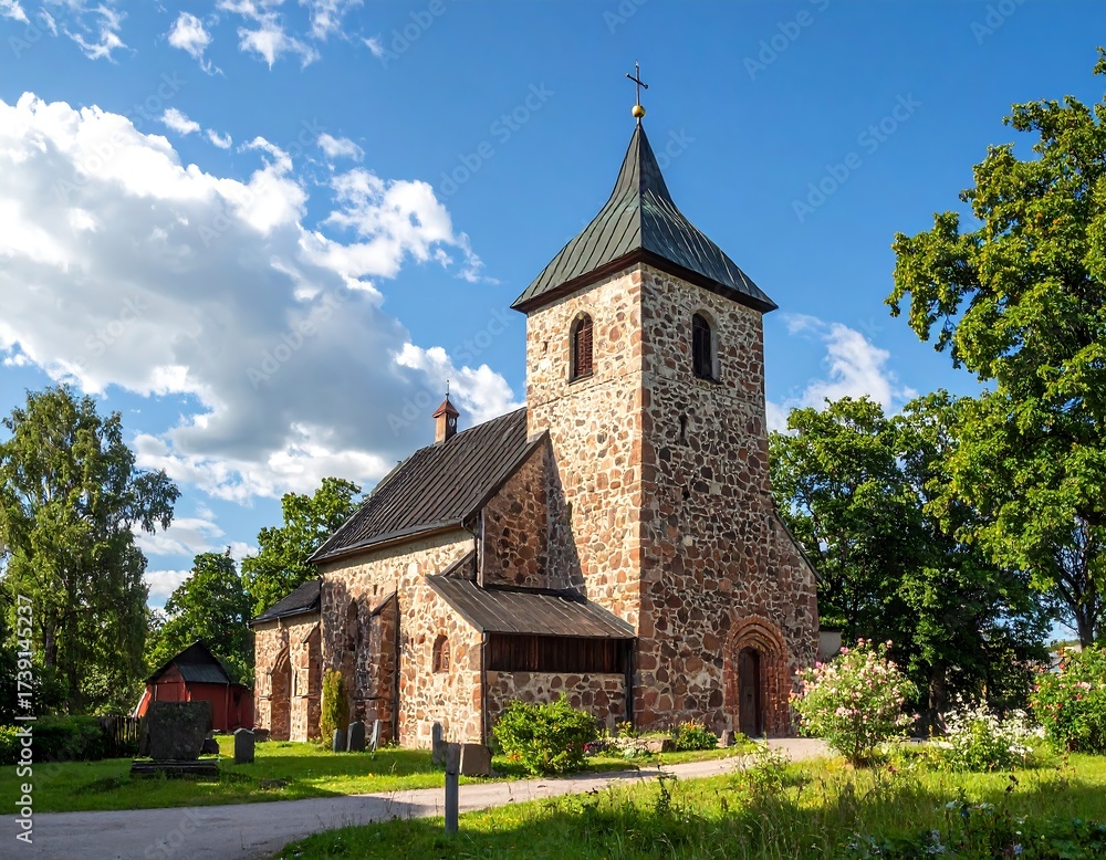 Fototapeta premium Scenic view of an old church with a stone exterior, under a blue sky