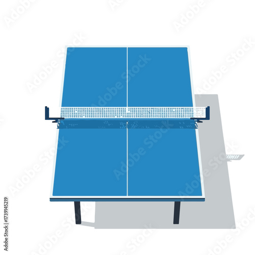 Top-down view of a blue ping pong table with a net, casting a gray shadow on a white background.