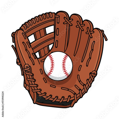 An illustration of a brown leather baseball glove holding a white baseball with red stitching.