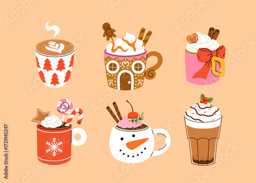 Christmas and Happy New Year set of drinks. Mugs and cups of hot coffee, punch, cacao with whipped cream, marshmallow and candy cane. Greeting card for Xmas, New year or winter holidays design.