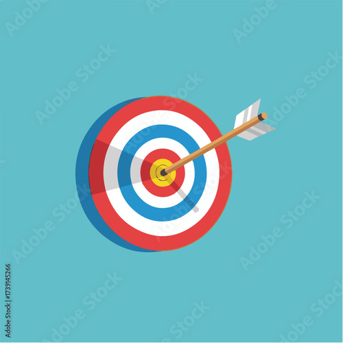 An arrow hits the bullseye of a red, white, and blue target, set against a light blue background.
