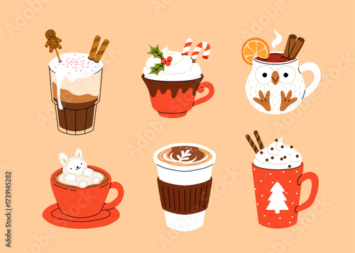 Christmas and Happy New Year set of drinks. Mugs and cups of hot coffee, punch, cacao with whipped cream, marshmallow and candy cane. Greeting card for Xmas, New year or winter holidays design.