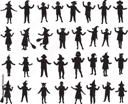 Vector set of black Halloween silhouettes of children in costumes, witches, and spooky outfits, perfect for holiday party, decoration, poster, or design themes.
