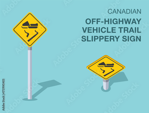 Traffic regulation rules. Isolated canadian "off-highway vehicle trail slippery" road sign. Front and top view. Flat vector illustration template.