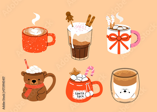 Christmas and Happy New Year set of drinks. Mugs and cups of hot coffee, punch, cacao with whipped cream, marshmallow and candy cane. Greeting card for Xmas, New year or winter holidays design.