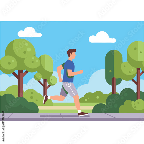 A man is jogging along a sidewalk in a park with trees, bushes, and a blue sky with white clouds.