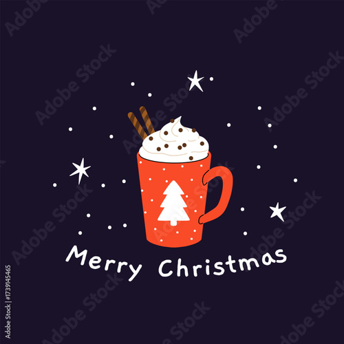 Christmas and Happy New Year greeting card. Mug and cup of hot coffee, punch, cacao with whipped cream, marshmallow and candy cane. Poster or cover design for Xmas, New year or winter holidays