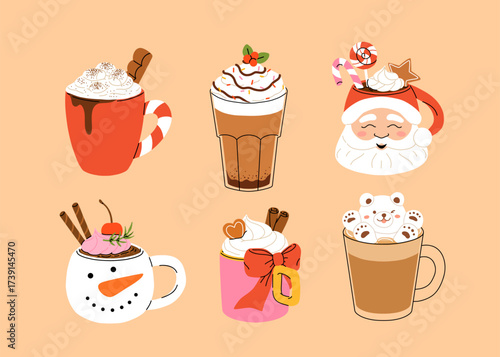 Christmas and Happy New Year set of drinks. Mugs and cups of hot coffee, punch, cacao with whipped cream, marshmallow and candy cane. Greeting card for Xmas, New year or winter holidays design.