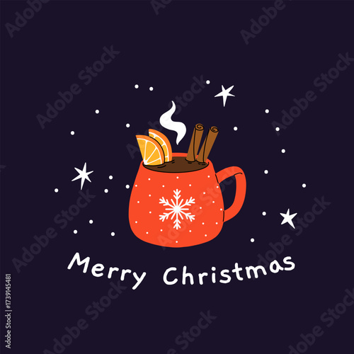 Christmas and Happy New Year greeting card. Mug and cup of hot coffee, punch, cacao with whipped cream, marshmallow and candy cane. Poster or cover design for Xmas, New year or winter holidays