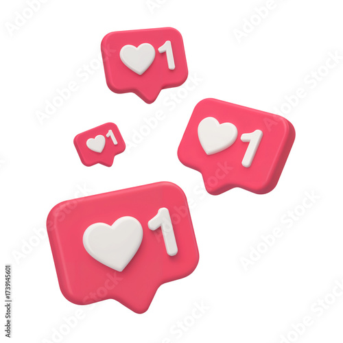 Pink 3D Like Notification Icons with Heart and Number One on Transparent Background