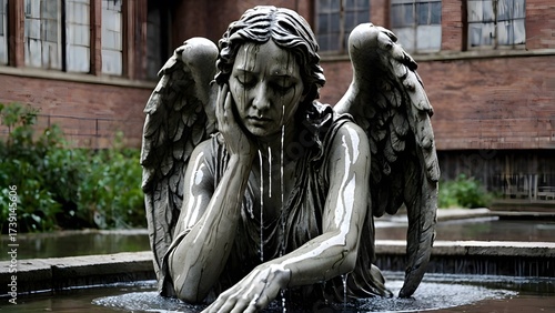 A weeping angel statue with water streaks resembling tears, set in an abandoned urban courtyard 2