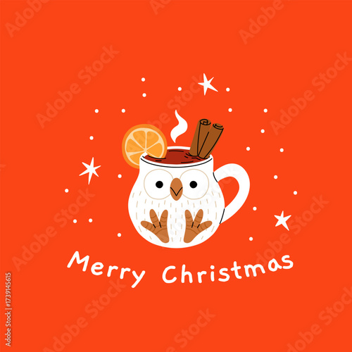Christmas and Happy New Year greeting card. Mug and cup of hot coffee, punch, cacao with whipped cream, marshmallow and candy cane. Poster or cover design for Xmas, New year or winter holidays