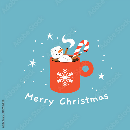 Christmas and Happy New Year greeting card. Mug and cup of hot coffee, punch, cacao with whipped cream, marshmallow and candy cane. Poster or cover design for Xmas, New year or winter holidays