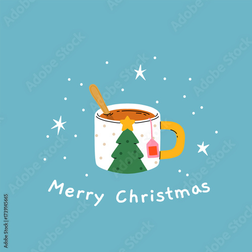 Christmas and Happy New Year greeting card. Mug and cup of hot coffee, punch, cacao with whipped cream, marshmallow and candy cane. Poster or cover design for Xmas, New year or winter holidays