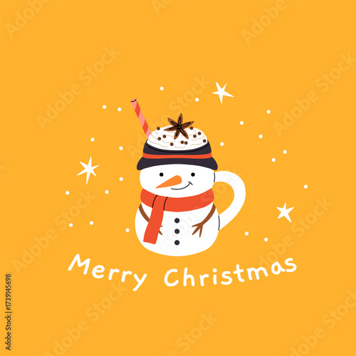 Christmas and Happy New Year greeting card. Mug and cup of hot coffee, punch, cacao with whipped cream, marshmallow and candy cane. Poster or cover design for Xmas, New year or winter holidays