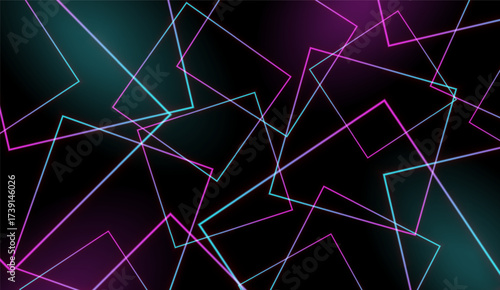 Background of glowing intersecting neon squares. 3D vector illustration isolated on dark background.