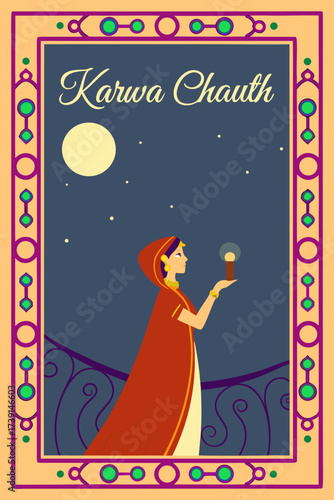 Karwa Chauth illustration of a woman holding a lantern under a starry night sky 