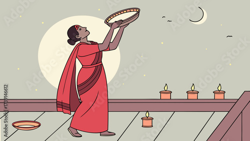 Woman celebrating a religious ceremony with candles and a full moon.