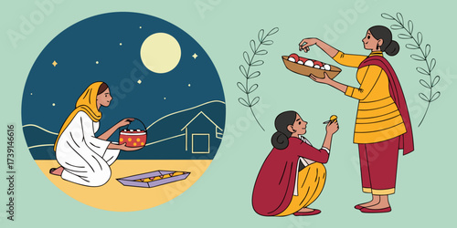 Women preparing offerings for the special day celebration, color illustration