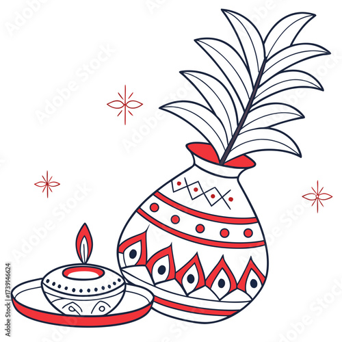 Decorated earthen pot with a lit lamp,  celebrating culture and faith