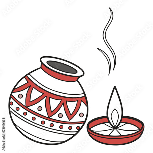 Decorative Indian clay pot and lamp lit for cultural event or festival celebration.