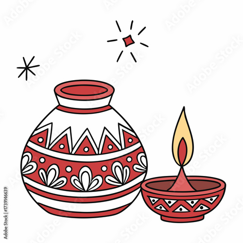 Festive Indian pot and lamp celebrating diwali