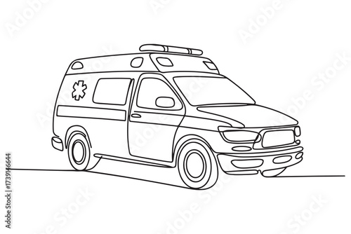 Ambulance car continuous one line drawing isolated on white vector illustration. one line Icon drawing with white background