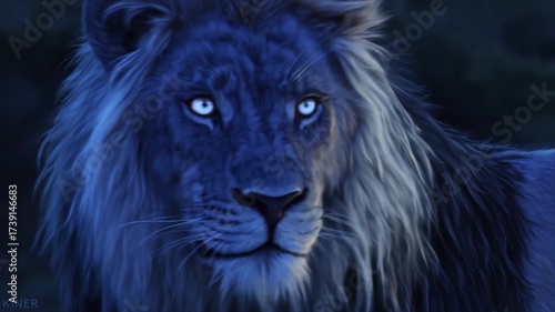 Majestic lion portrait in moody blue tones illustrating strength and grace