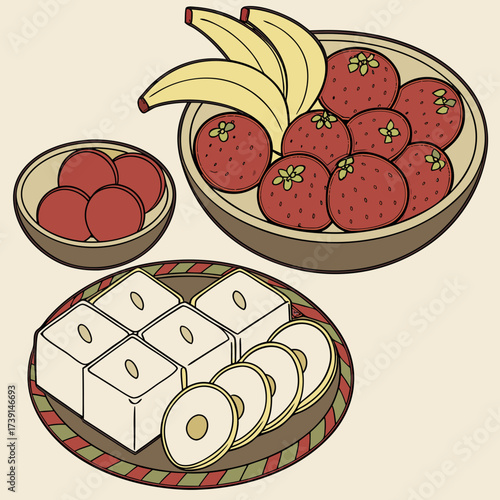 Fresh fruit and sweets arranged in bowls and plates for a healthy and delicious snack.