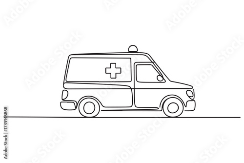 Ambulance car continuous one line drawing isolated on white vector illustration. one line Icon drawing with white background