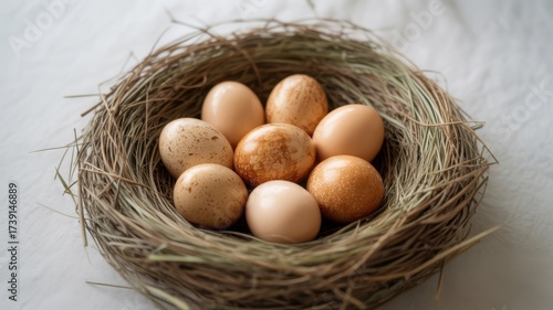 A birds nest filled with speckled eggs sits on a white surface, symbolizing new life and the beauty of nature isolated on white background