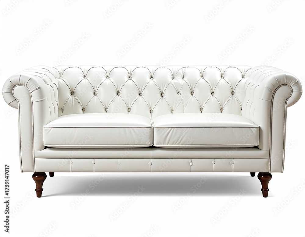 Obraz premium Quilted white couch with dark wood legs against a white background